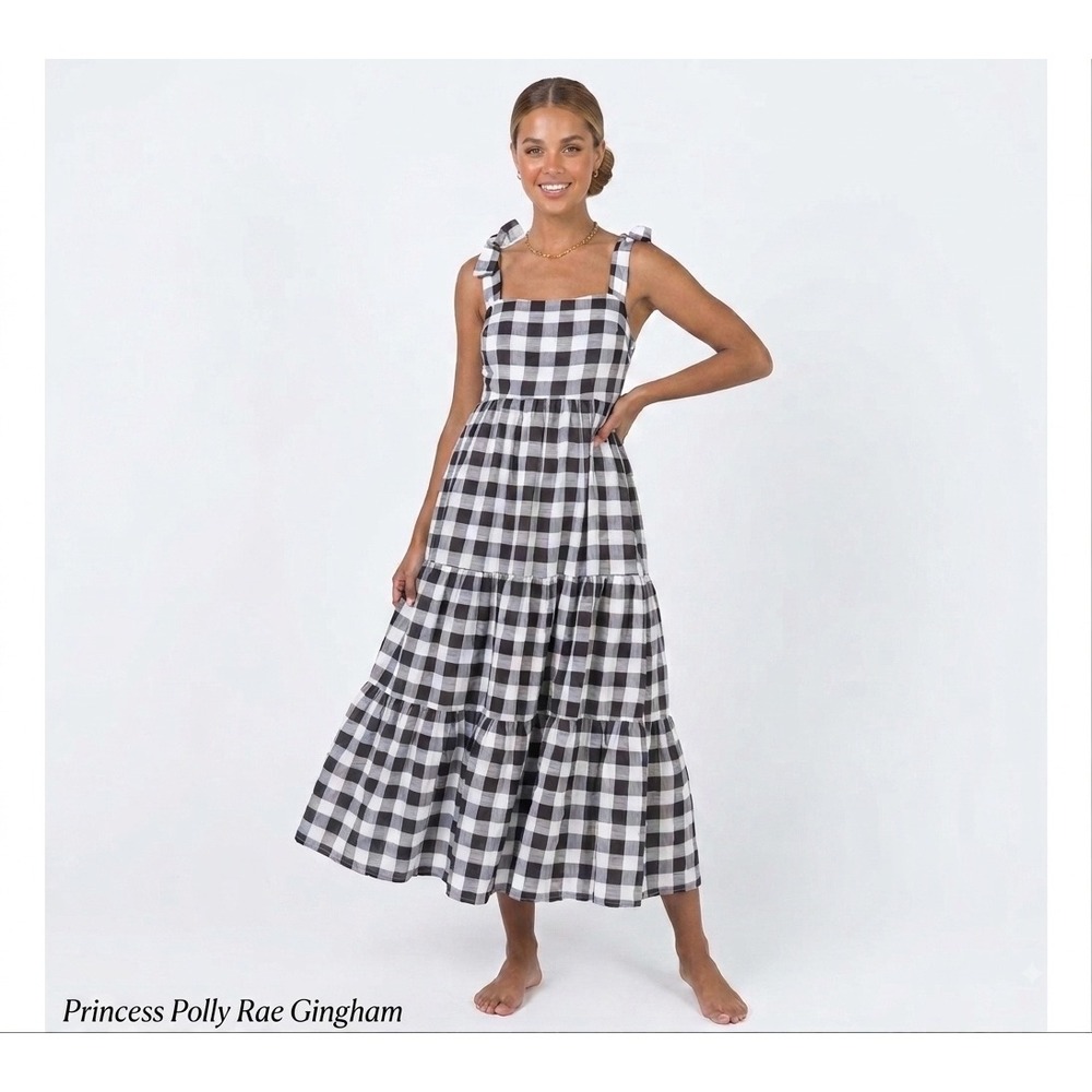 Princess Polly Rae Gingham Cottagecore Dress Black White Tiered Tie Shoulder 2